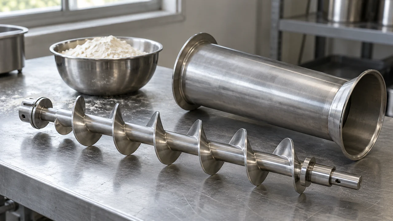 A metal auger screw and a separate cylindrical metal tube on a steel bench, with a bowl of flour behind them.