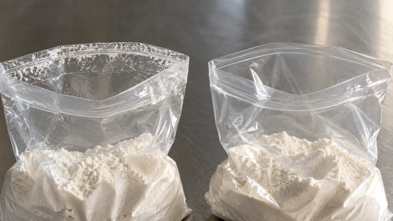 Two clear bag mouths on a steel surface, with white flour dust on the left opening and a clearer film margin on the right.