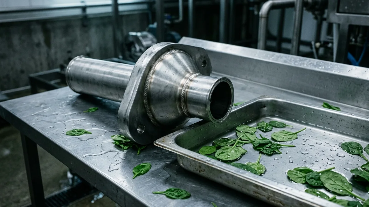 A detached stainless steel VFFS forming collar and cylindrical forming tube resting on a brushed stainless steel washdown table beside a shallow steel catch pan holding stray damp spinach leaves and water droplets.