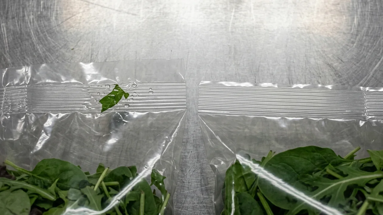 Two clear unprinted plastic produce bag top seals side by side on a brushed stainless steel surface: the left bag has a green leaf fragment and water droplets trapped in the ribbed horizontal heat seal, and the right bag has a clean horizontal ribbed seal above the greens.