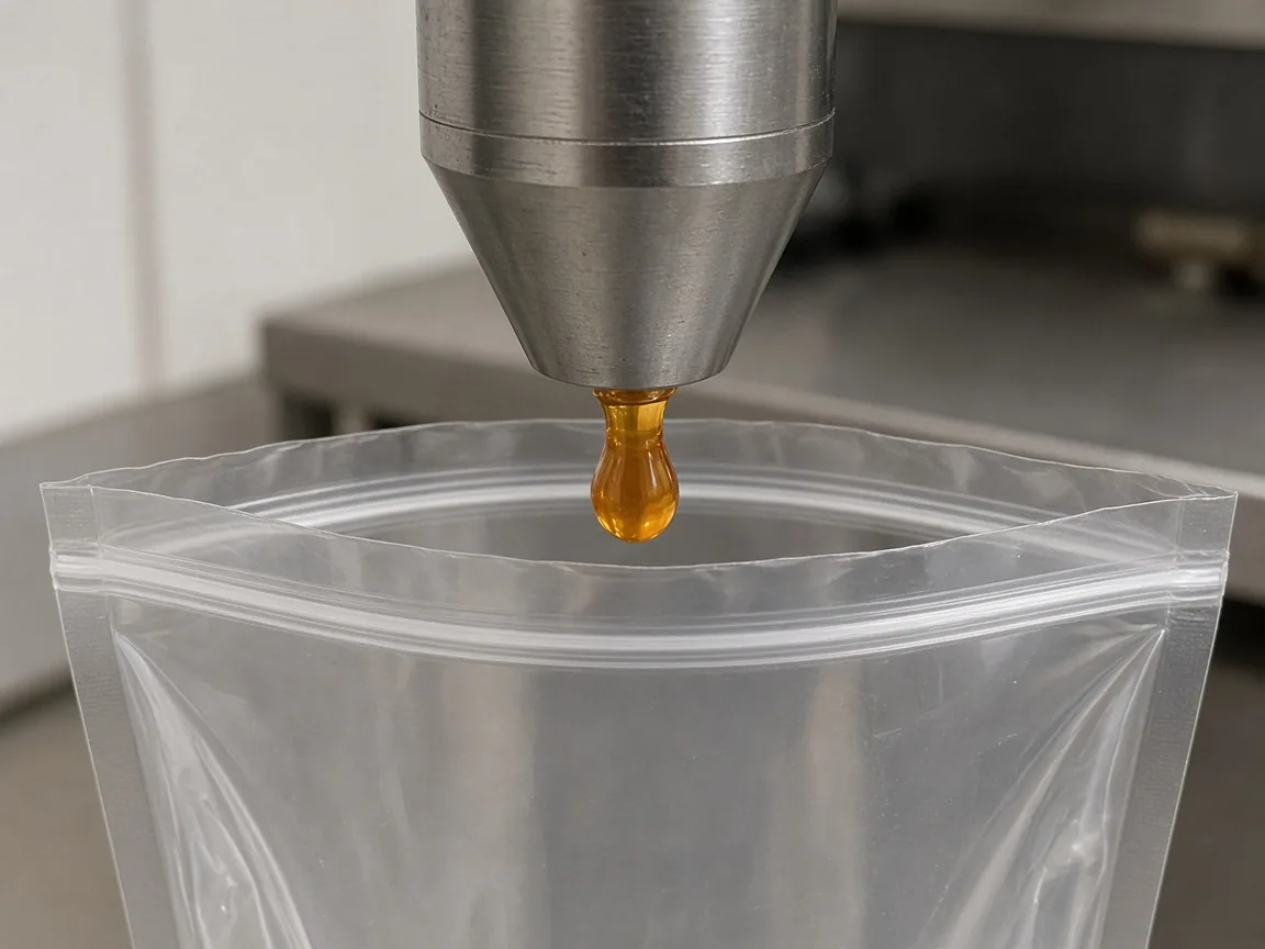 A drop of honey hangs from a plain metal nozzle above the open mouth of a clear unprinted pouch.