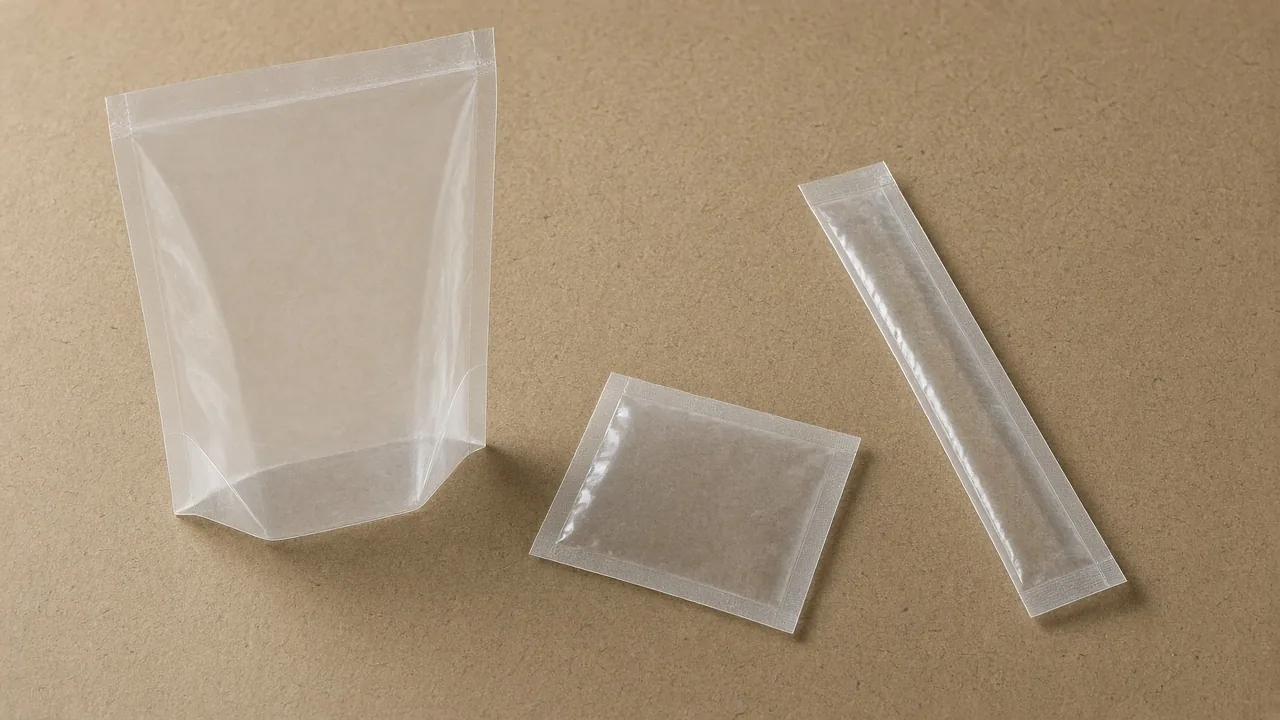 A clear unprinted stand-up pouch, a flat unprinted sachet and a narrow unprinted stick on brown paper.