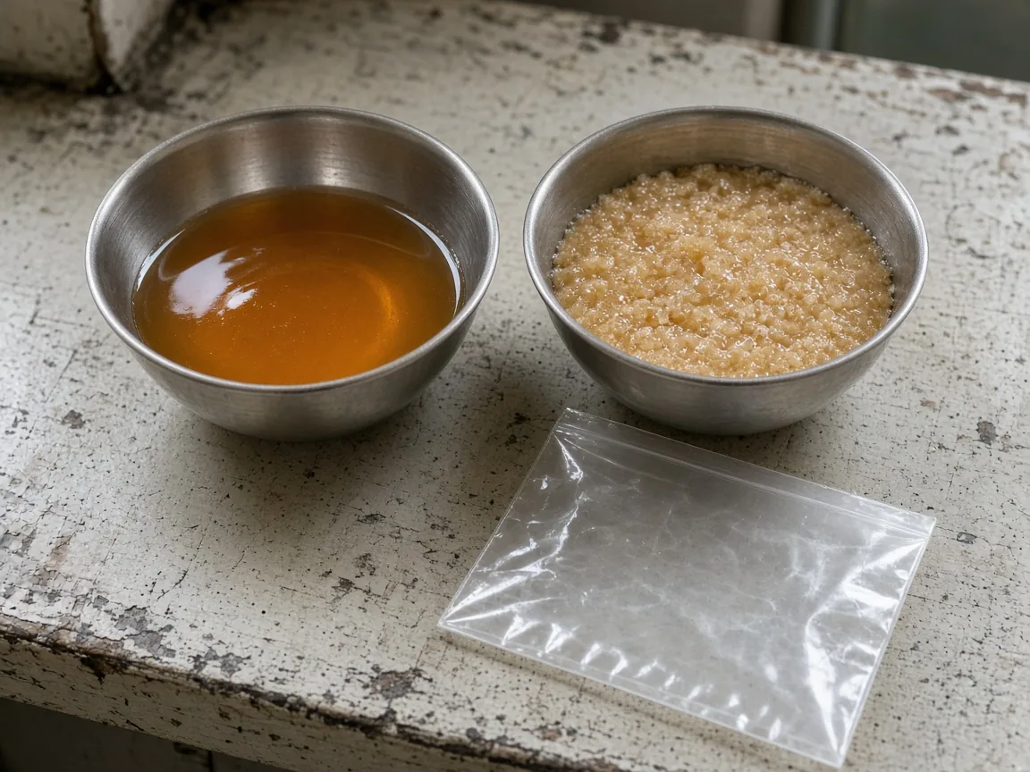 Two metal bowls, one of smooth honey and one of grainy honey, beside a clear unprinted flat pouch.