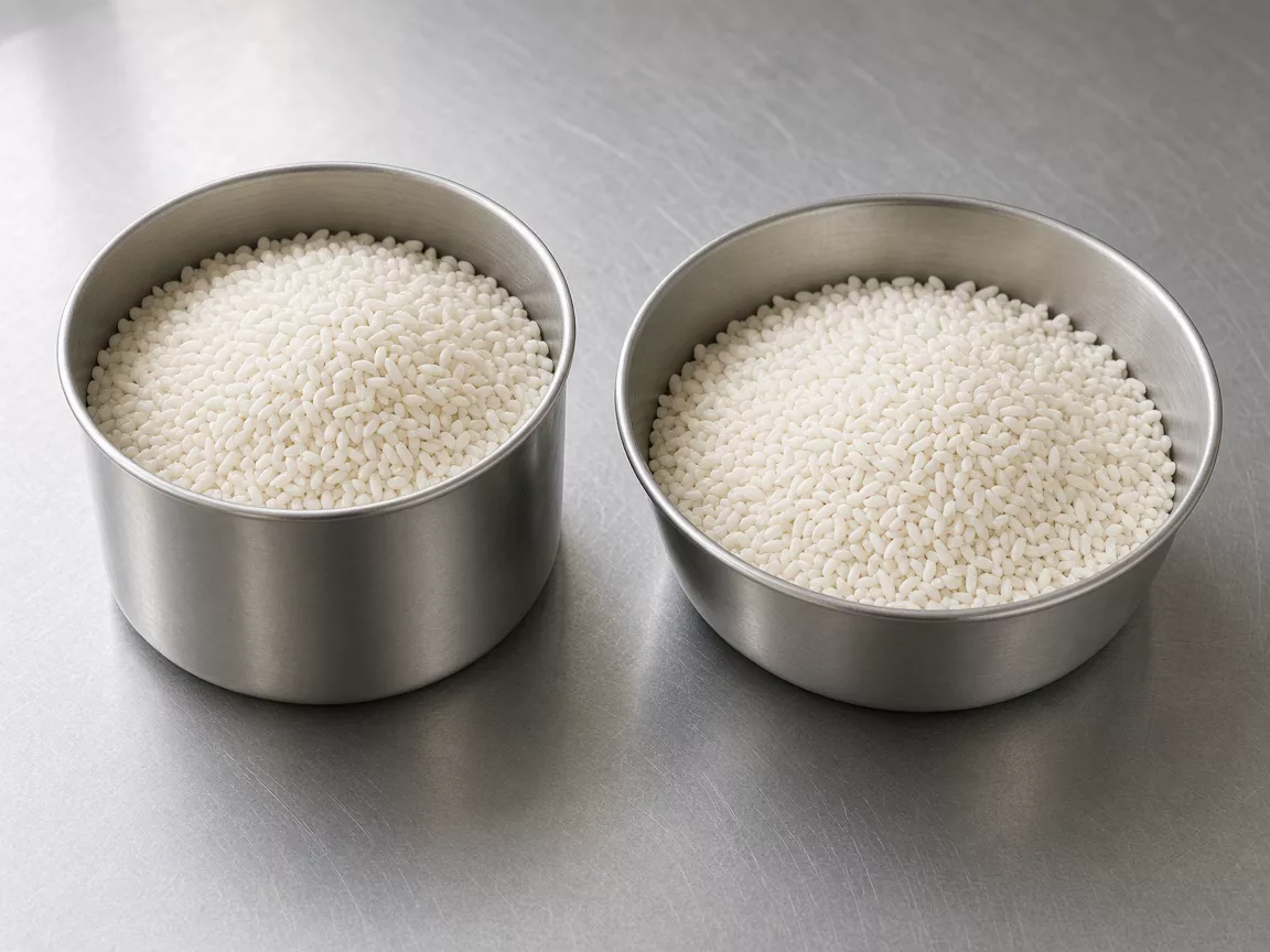A tall metal cup of white rice beside a wider metal bowl of white rice on a steel table.