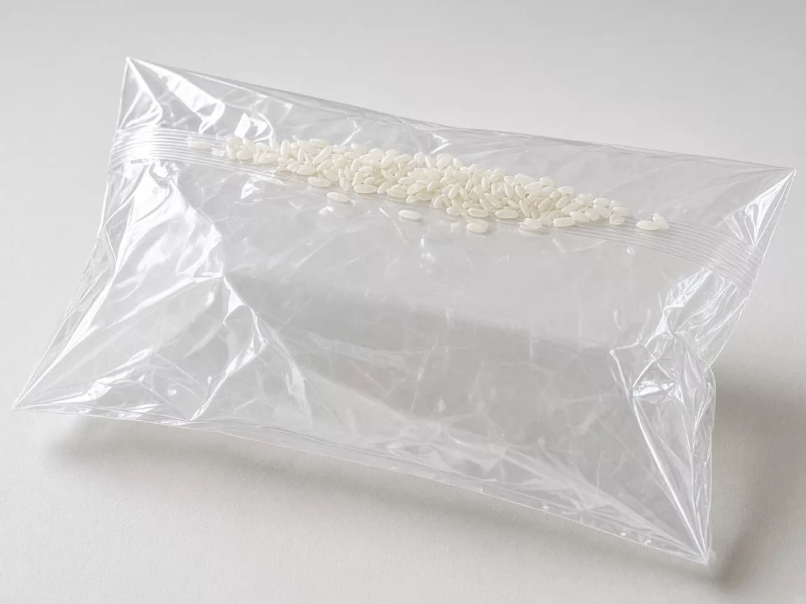 White rice grains lie across the ribbed edge of a clear unprinted bag.