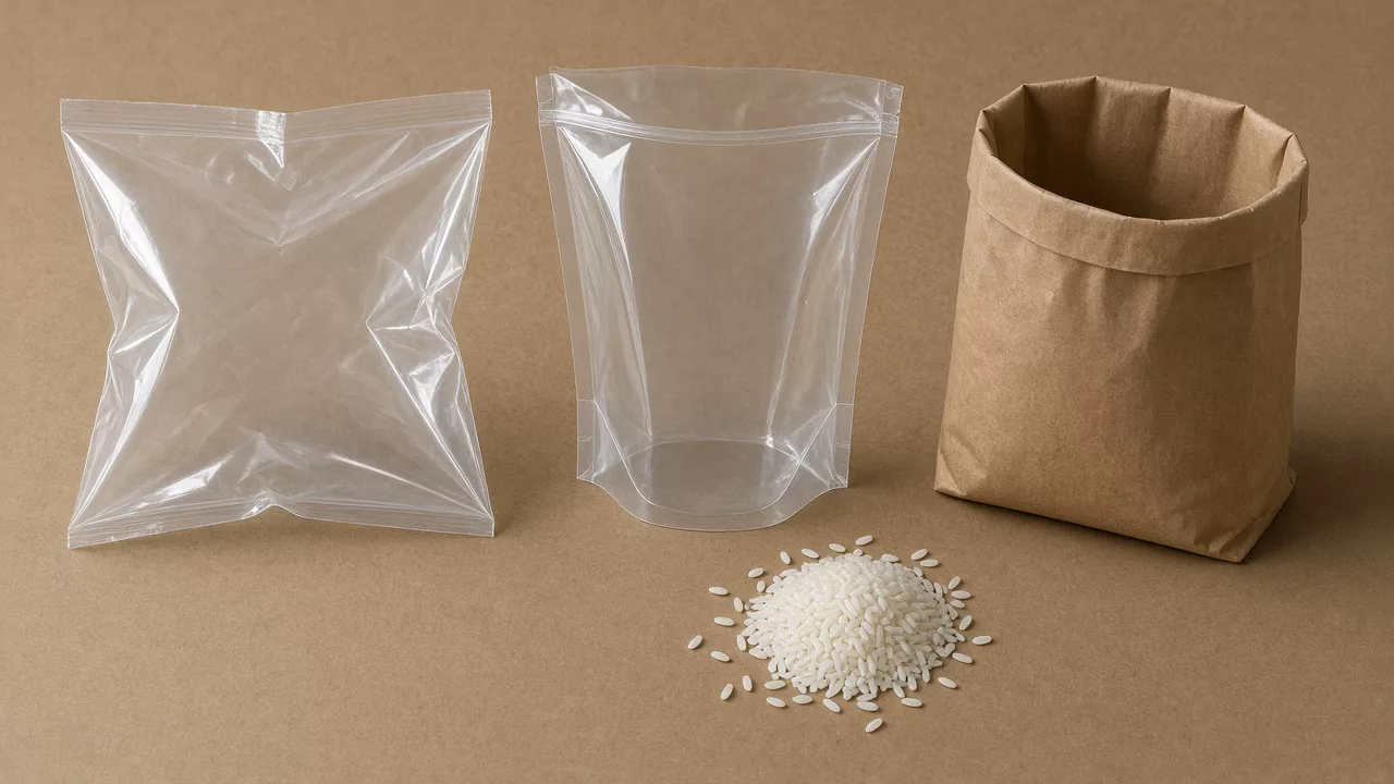 A clear unprinted pillow bag, a clear unprinted stand-up pouch and an open brown paper sack, with a small pile of white rice.