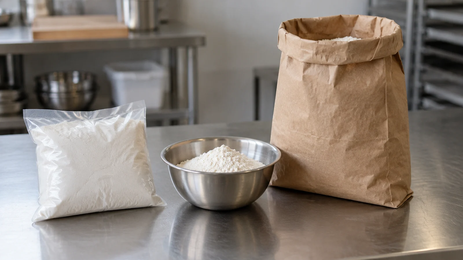 A transparent bag of flour, a steel bowl of flour and an open brown paper sack on a steel bench.