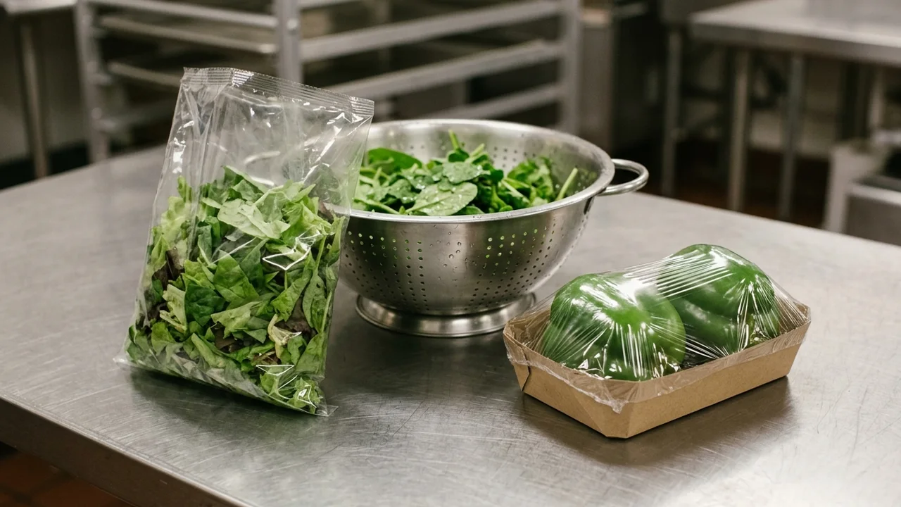 A clear unprinted vertical pillow bag of washed cut leafy greens beside a perforated stainless steel colander of loose greens and a kraft tray of whole bell peppers overwrapped in clear film on a brushed steel table.