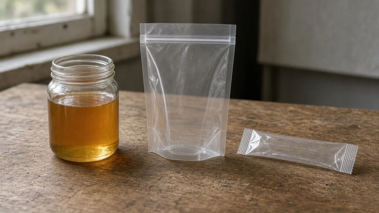 A glass jar of honey beside a clear unprinted stand-up pouch and a narrow unprinted stick on a wooden table.