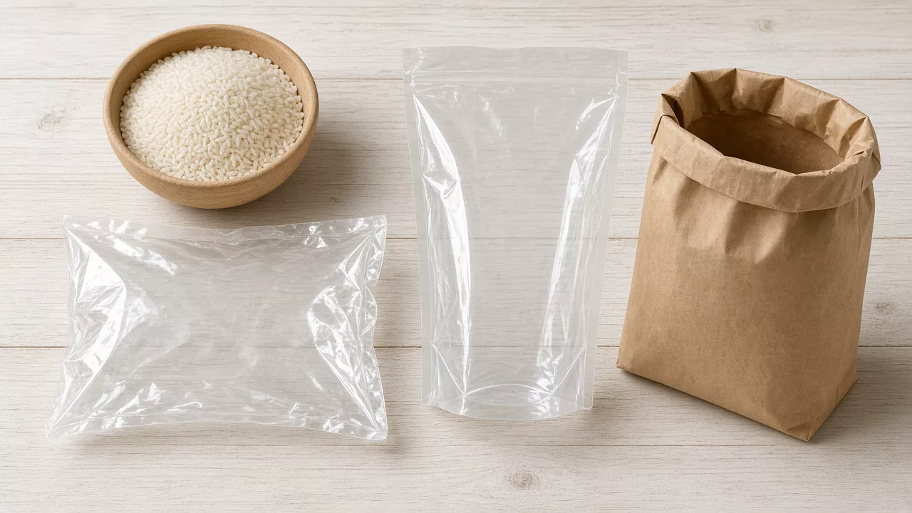 A wooden bowl of white rice beside a clear unprinted pillow bag, a clear unprinted stand-up pouch and an open brown paper sack.