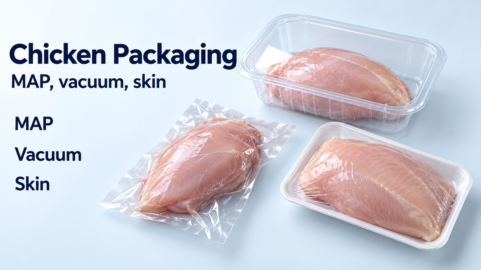 Three unbranded chicken packs beside the labels Chicken Packaging, MAP, Vacuum and Skin