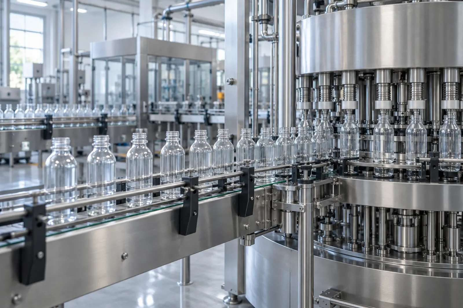Clear bottles moving along a food and beverage packaging line past stainless steel filling equipment