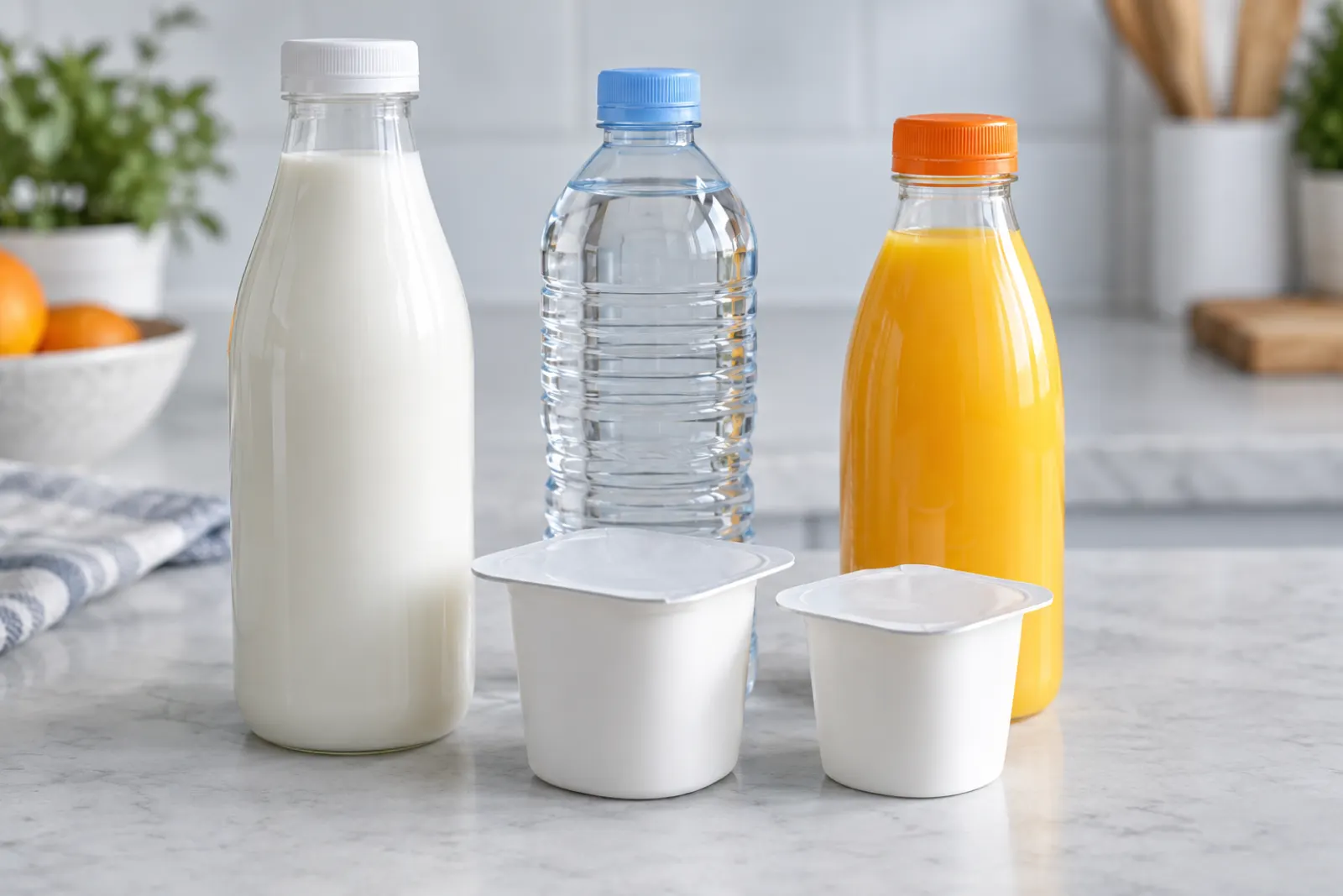 Unbranded dairy, bottled water, juice, and yogurt packages grouped together