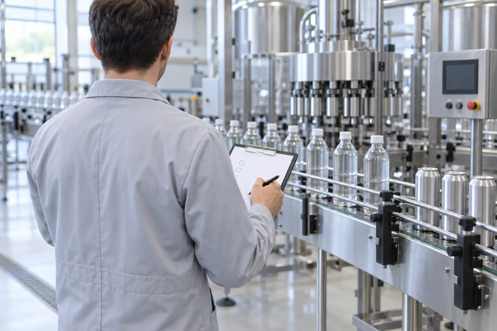 Engineer comparing a printed checklist beside packaging equipment