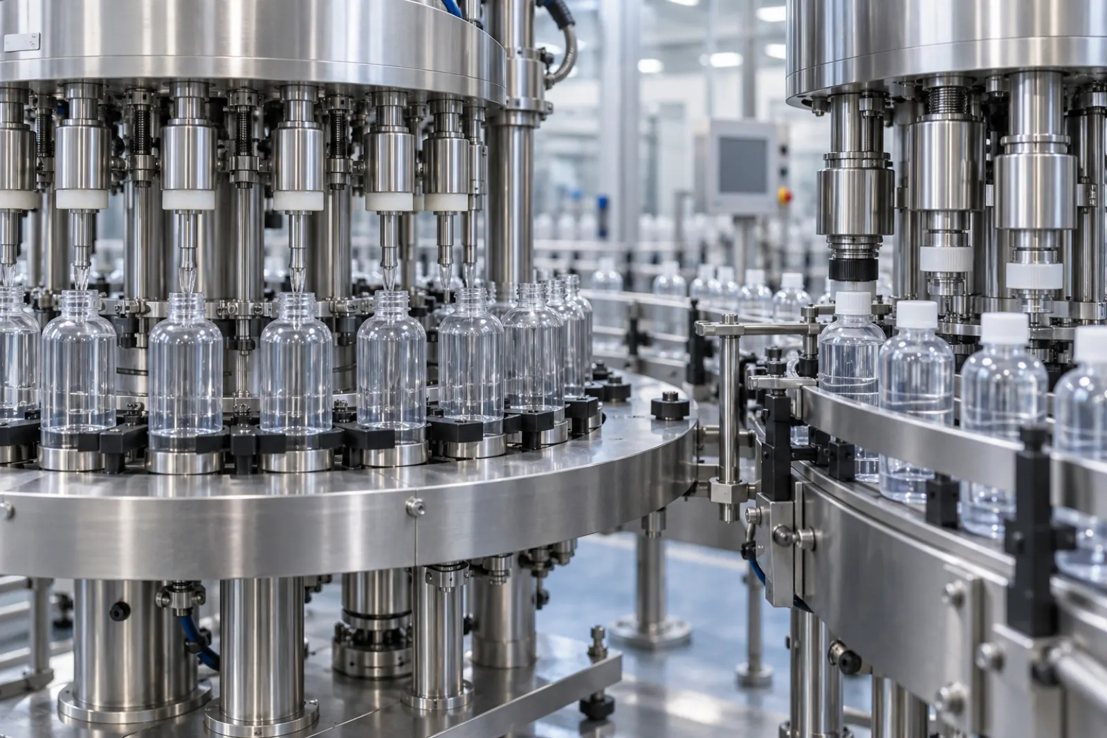 Close view of stainless steel rotary filling and capping equipment in a clean plant