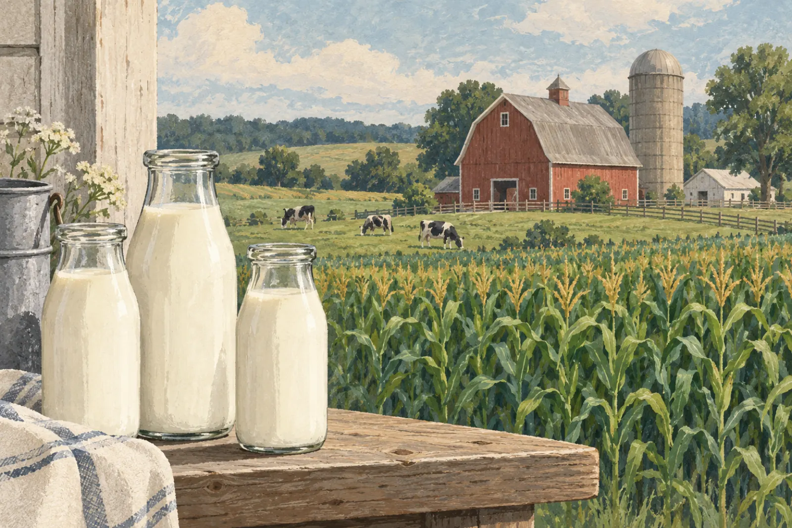 Illustration of an old dairy farm with glass milk bottles and a cornfield in the distance