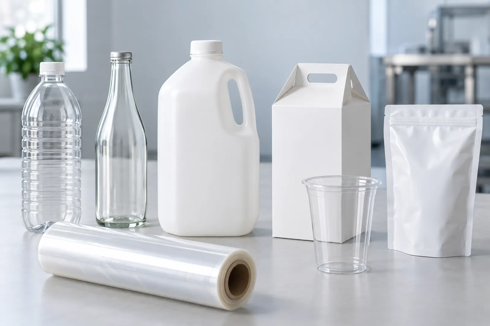 Sample food and beverage containers in different materials arranged on a neutral work surface
