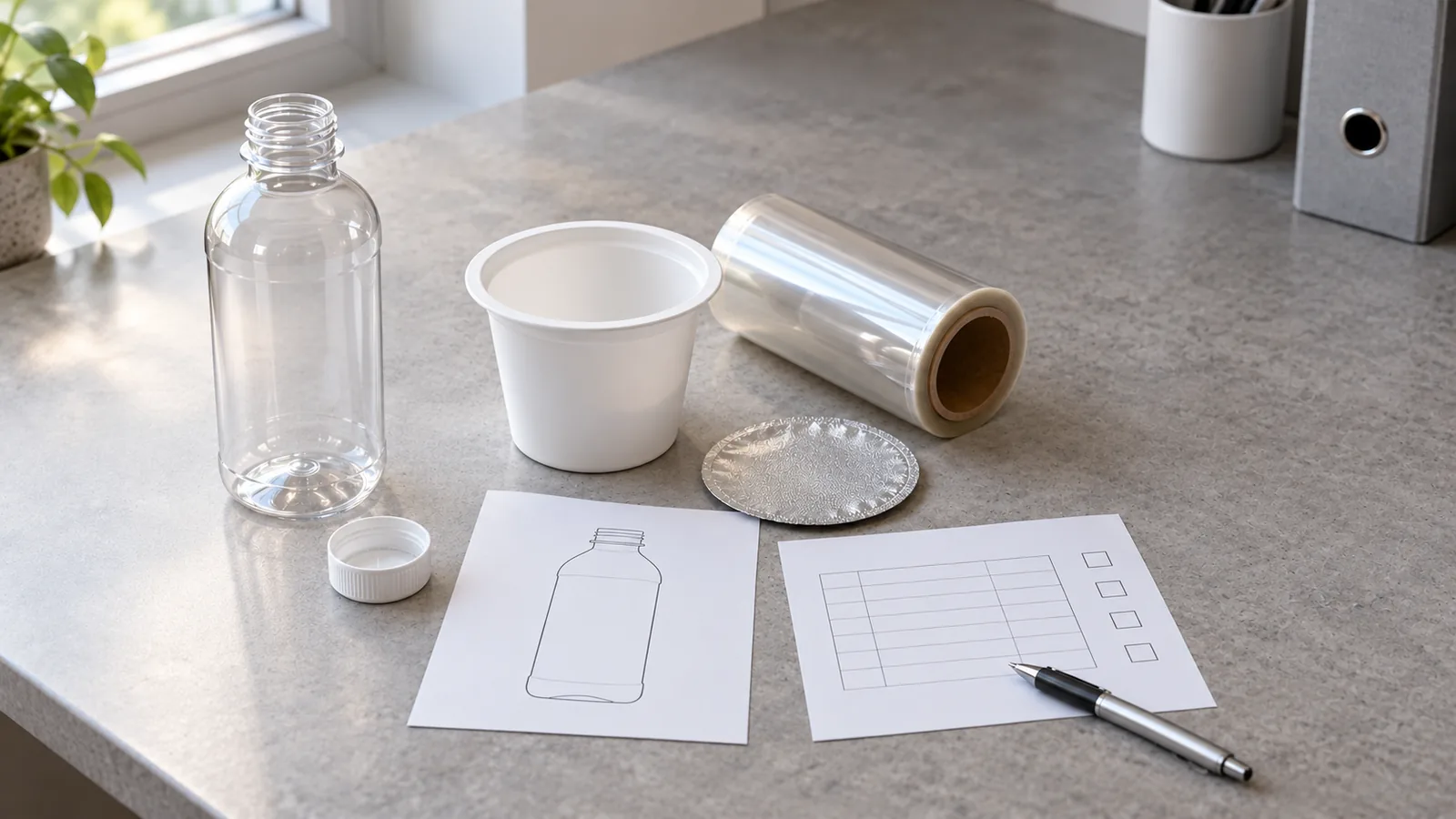 Empty unlabeled bottle with its closure, a cup with a separate lidding disc, a small film roll and blank checklist sheets on a worktop